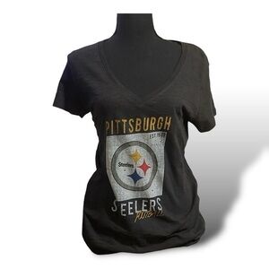 Vintage NFL PITTSBURGH STEELERS TEE V-Neck Short Sleeve 47 Brand XL Black NWT